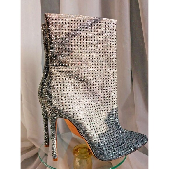 Silver Rhinestone Boots Womens Size 9 Glaze 4" Heel Pointed Toe - Picture 3 of 14